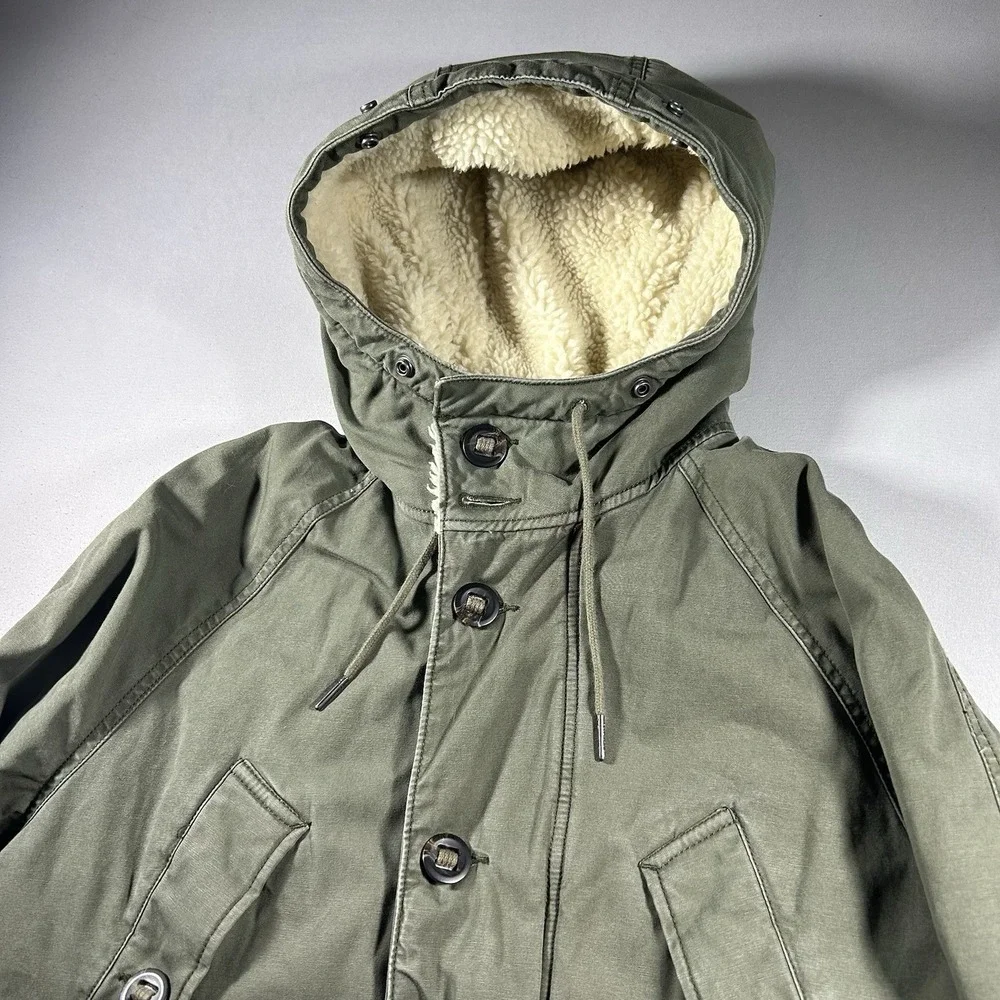 Abercrombie & Fitch Sherpa Lined Military Parka Olive Green Hooded Mens M - Picture 2 of 11